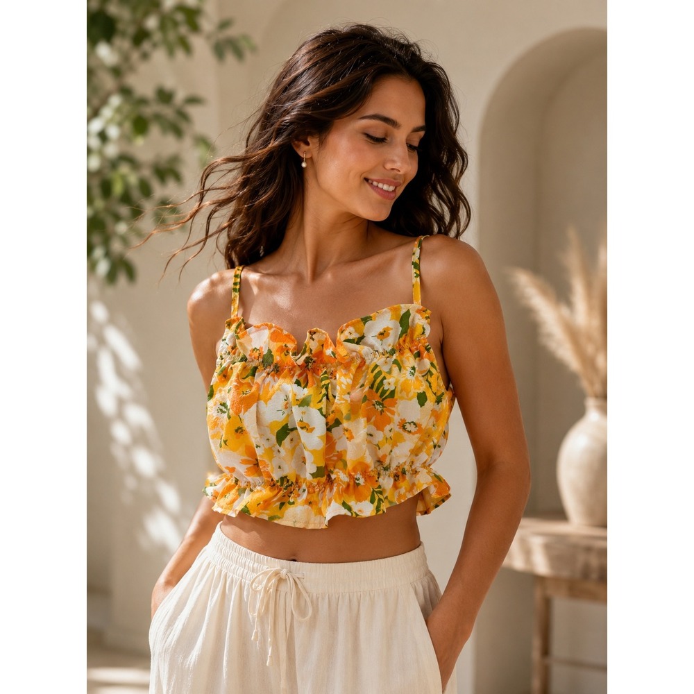 H&M Divided Floral‎ Ruffle Crop Top Yellow Orange Camisole Adjustable Straps M